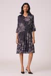 Scarlet Sage_Black Polyester V-neck Reene Print Dress _Online_at_Aza_Fashions