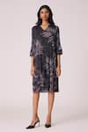 Scarlet Sage_Black Polyester V-neck Reene Print Dress _at_Aza_Fashions