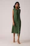 Scarlet Sage_Olive Green Polyester Fringe V-neck Tessa Tassel Dress _at_Aza_Fashions