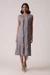 Buy_Scarlet Sage_Gray Polyester Fringe V-neck Tessa Tassel Dress _at_Aza_Fashions