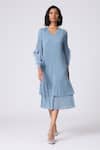 Buy_Scarlet Sage_Blue Polyester Fabric Flowers V-neck Sofia Layered Dress _Online_at_Aza_Fashions
