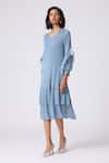 Shop_Scarlet Sage_Blue Polyester Fabric Flowers V-neck Sofia Layered Dress _Online_at_Aza_Fashions