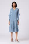 Scarlet Sage_Blue Polyester Fabric Flowers V-neck Sofia Layered Dress _at_Aza_Fashions