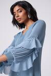 Buy_Scarlet Sage_Blue Polyester Fabric Flowers V-neck Sofia Layered Dress 