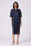 Scarlet Sage_Navy Polyester V-neck Anya Shift Dress _Online_at_Aza_Fashions