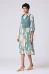Scarlet Sage_Teal Polyester Collared Thea Print Dress _at_Aza_Fashions