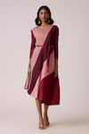 Buy_Scarlet Sage_Maroon Polyester Round Neck Evelyn Colourblock Dress With Belt _Online_at_Aza_Fashions