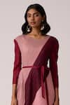 Shop_Scarlet Sage_Maroon Polyester Round Neck Evelyn Colourblock Dress With Belt _Online_at_Aza_Fashions