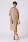 Scarlet Sage_Beige Polyester V-neck Jolene Textured Dress _at_Aza_Fashions