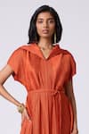 Scarlet Sage_Rust Polyester Collared Viola Dress With Belt _at_Aza_Fashions