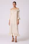 Buy_Scarlet Sage_Ivory Polyester Ruffles Off-shoulder Micayla Dress With Belt _at_Aza_Fashions