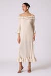 Scarlet Sage_Ivory Polyester Ruffles Off-shoulder Micayla Dress With Belt _Online_at_Aza_Fashions
