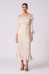 Buy_Scarlet Sage_Ivory Polyester Ruffles Off-shoulder Micayla Dress With Belt _Online_at_Aza_Fashions