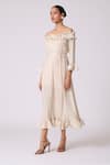 Shop_Scarlet Sage_Ivory Polyester Ruffles Off-shoulder Micayla Dress With Belt _Online_at_Aza_Fashions