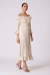 Scarlet Sage_Ivory Polyester Ruffles Off-shoulder Micayla Dress With Belt _at_Aza_Fashions