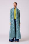 Scarlet Sage_Blue Polyester Shawl , Crew Mirel Print Jacket And Top Set _Online_at_Aza_Fashions