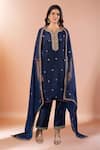 Buy_Samyukta Singhania_Navy Silk, Organza Embroidery, Zari, Stones Split V-neck Butti Kurta Set _at_Aza_Fashions