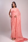 Shop_Aza X Shilpa Shetty Kundra_Peach Georgette Fringe Round Animal Swirl Print Saree Gown With Detachable Drape _at_Aza_Fashions