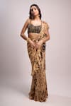 Buy_Aza X Shilpa Shetty Kundra_Beige Chiffon, Modal, Satin Beads Animal Print Pre-draped Saree With Blouse _at_Aza_Fashions