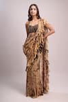 Buy_Aza X Shilpa Shetty Kundra_Beige Chiffon, Modal, Satin Beads Animal Print Pre-draped Saree With Blouse _Online_at_Aza_Fashions
