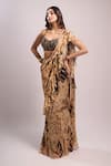 Shop_Aza X Shilpa Shetty Kundra_Beige Chiffon, Modal, Satin Beads Animal Print Pre-draped Saree With Blouse _Online_at_Aza_Fashions