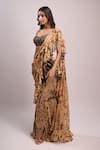 Aza X Shilpa Shetty Kundra_Beige Chiffon, Modal, Satin Beads Animal Print Pre-draped Saree With Blouse _at_Aza_Fashions