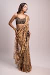 Buy_Aza X Shilpa Shetty Kundra_Beige Chiffon, Modal, Satin Beads Animal Print Pre-draped Saree With Blouse 