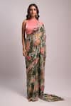 Buy_Aza X Shilpa Shetty Kundra_Green Lurex, Georgette, Modal, Forest Print Pre-draped Saree With Pink Blouse _at_Aza_Fashions