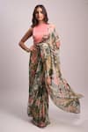 Buy_Aza X Shilpa Shetty Kundra_Green Lurex, Georgette, Modal, Forest Print Pre-draped Saree With Pink Blouse _Online_at_Aza_Fashions
