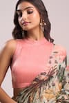 Shop_Aza X Shilpa Shetty Kundra_Green Lurex, Georgette, Modal, Forest Print Pre-draped Saree With Pink Blouse _Online_at_Aza_Fashions