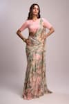 Buy_Aza X Shilpa Shetty Kundra_Pink Lurex, Georgette, Modal, Silk Leafy Print Pre-draped Saree With Blouse _Online_at_Aza_Fashions