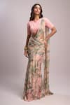 Shop_Aza X Shilpa Shetty Kundra_Pink Lurex, Georgette, Modal, Silk Leafy Print Pre-draped Saree With Blouse _Online_at_Aza_Fashions