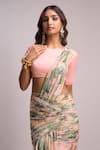 Shop_Aza X Shilpa Shetty Kundra_Pink Lurex, Georgette, Modal, Silk Leafy Print Pre-draped Saree With Blouse 