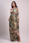 Shop_Aza X Shilpa Shetty Kundra_Green Lurex, Georgette One Shoulder Tropical Print Kaftan _Online_at_Aza_Fashions