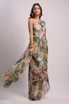 Aza X Shilpa Shetty Kundra_Green Lurex, Georgette One Shoulder Tropical Print Kaftan _at_Aza_Fashions