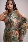 Shop_Aza X Shilpa Shetty Kundra_Green Lurex, Georgette One Shoulder Tropical Print Kaftan _at_Aza_Fashions