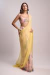 Shop_Aza X Shilpa Shetty Kundra_Pink Chiffon, Modal, Satin Embroidery Botanic Print Pre-draped Saree With Blouse _Online_at_Aza_Fashions
