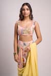 Shop_Aza X Shilpa Shetty Kundra_Pink Chiffon, Modal, Satin Embroidery Botanic Print Pre-draped Saree With Blouse 