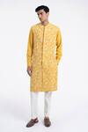 Buy_Dhruv Vaish_Yellow Cotton, Silk Embroidery Front Open High Neck Kurta Set _at_Aza_Fashions