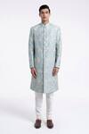Dhruv Vaish_Sky Blue Silk Embroidery, Zari Sherwani And Churidar Set _Online_at_Aza_Fashions