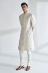 Dhruv Vaish_Ivory Silk Embroidery Grometric Sherwani Set _Online_at_Aza_Fashions