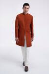 Buy_Dhruv Vaish_Orange Silk Embroidery Thread Detail Panel Sherwani Set _at_Aza_Fashions