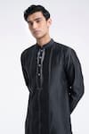 Buy_Dhruv Vaish_Charcoal Silk, Chanderi Zari, Embroidery Front Open Sherwani Set 