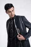 Shop_Dhruv Vaish_Charcoal Silk, Chanderi Zari, Embroidery Front Open Sherwani Set 