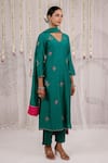 Shop_Myaara_Emerald Green Chanderi Embroidery Split V-neck Kurta Set _Online_at_Aza_Fashions