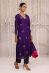 Myaara_Purple Chanderi Embroidery V-neck Kurta Pant Set _at_Aza_Fashions