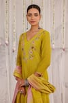 Myaara_Olive Green Chanderi Embroidery V-neck Floral Kurta Set _Online_at_Aza_Fashions