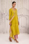 Myaara_Olive Green Chanderi Embroidery V-neck Floral Kurta Set _at_Aza_Fashions