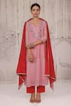 Buy_Myaara_Pink Chanderi Embroidery V-neck Kurta Pant Set _at_Aza_Fashions
