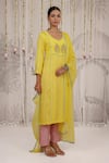Buy_Myaara_Yellow Chanderi, Viscose Embroidery V-neck Panelled Kurta Pant Set 